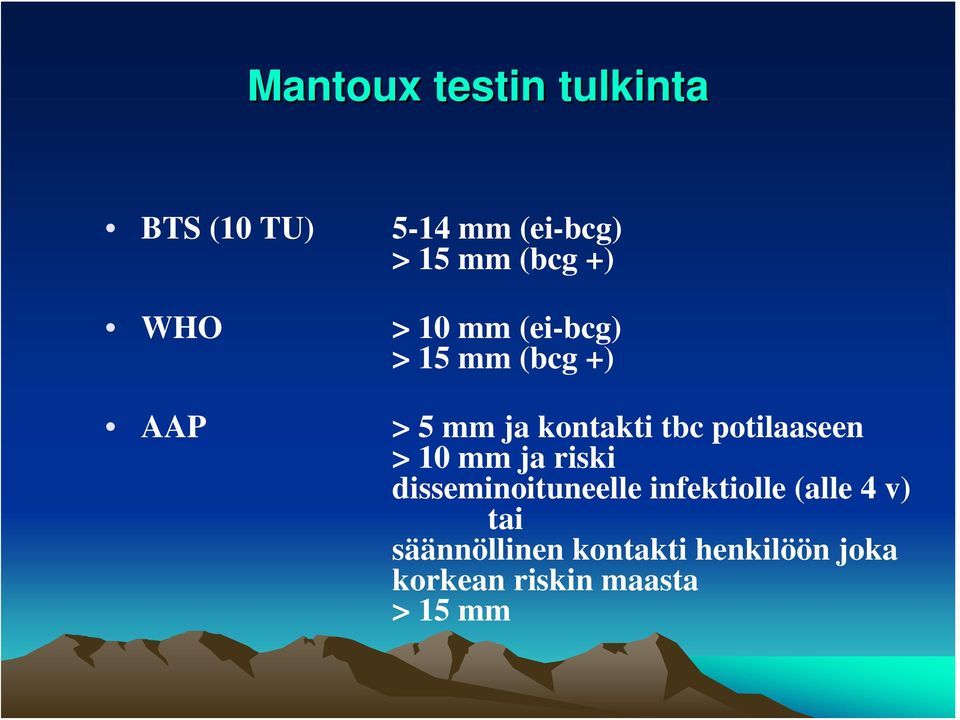 potilaaseen > 10 mm ja riski disseminoituneelle infektiolle (alle 4