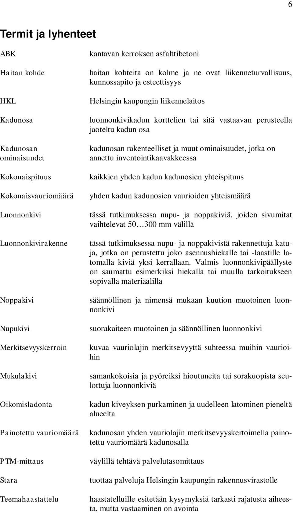 liikennelaitos luonnonkivikadun korttelien tai sitä vastaavan perusteella jaoteltu kadun osa kadunosan rakenteelliset ja muut ominaisuudet, jotka on annettu inventointikaavakkeessa kaikkien yhden