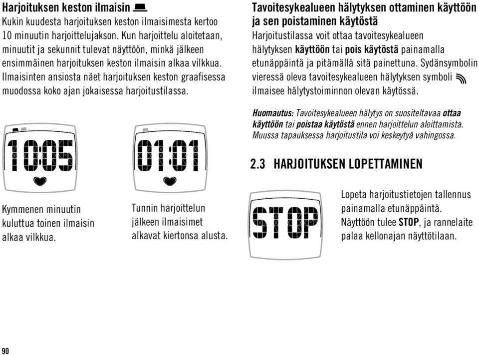 Ilmaisinten ansiosta näet harjoituksen keston graafisessa muodossa koko ajan jokaisessa harjoitustilassa.