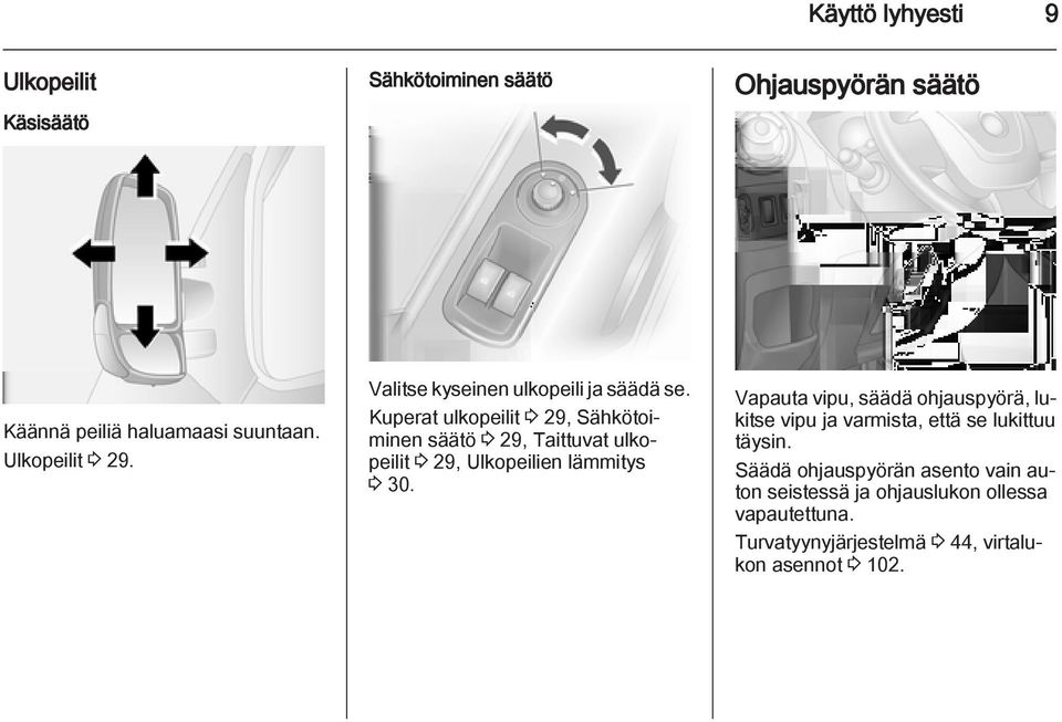 Kuperat ulkopeilit 3 29, Sähkötoiminen säätö 3 29, Taittuvat ulkopeilit 3 29, Ulkopeilien lämmitys 3 30.