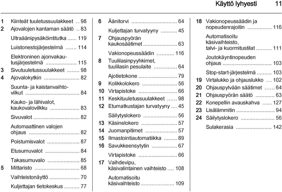 .. 82 Poistumisvalot... 87 Etusumuvalot... 84 Takasumuvalo... 85 5 Mittaristo... 68 Vaihteistonäyttö... 70 Kuljettajan tietokeskus... 77 6 Äänitorvi... 64 Kuljettajan turvatyyny.