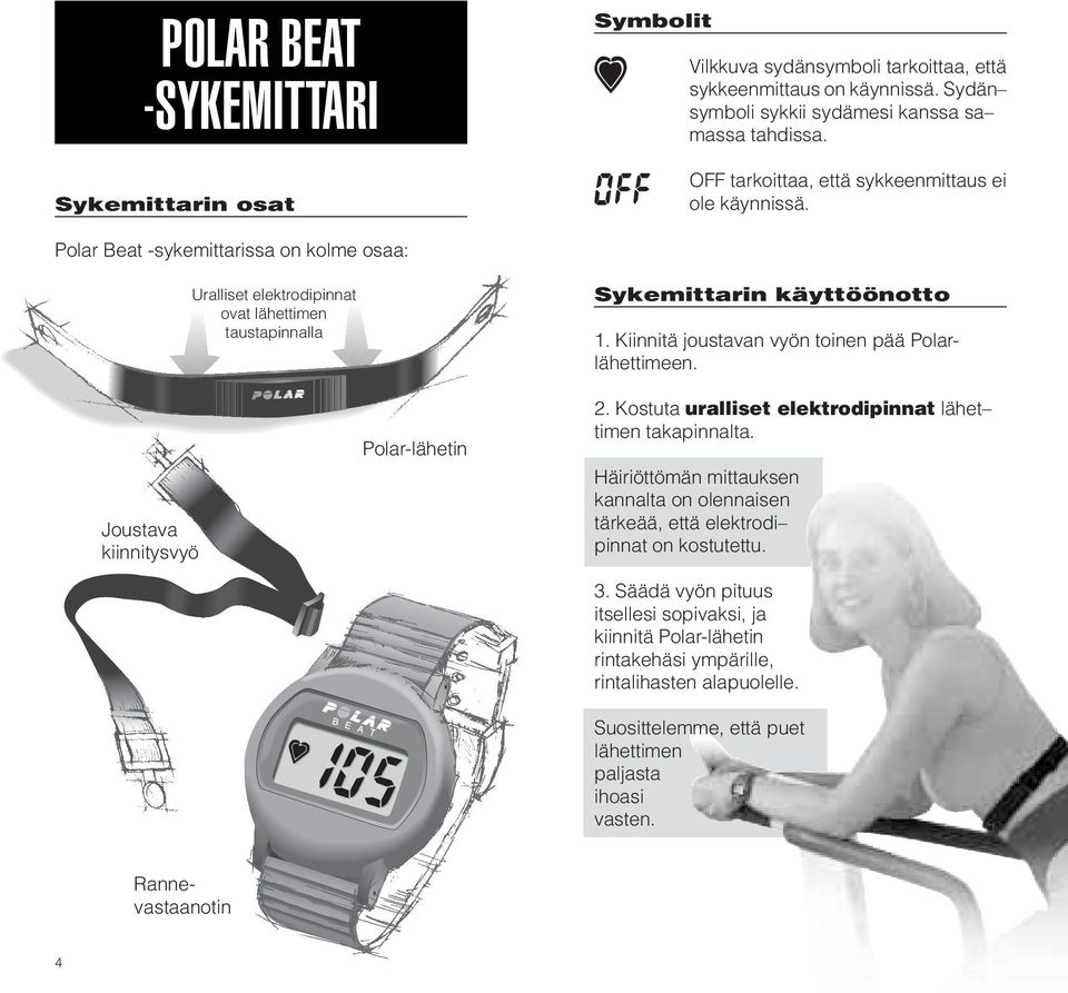 Polar Beat -sykemittarissa on kolme osaa: Joustava kiinnitysvyö Uralliset elektrodipinnat ovat lähettimen taustapinnalla Polar-lähetin Sykemittarin käyttöönotto 1.