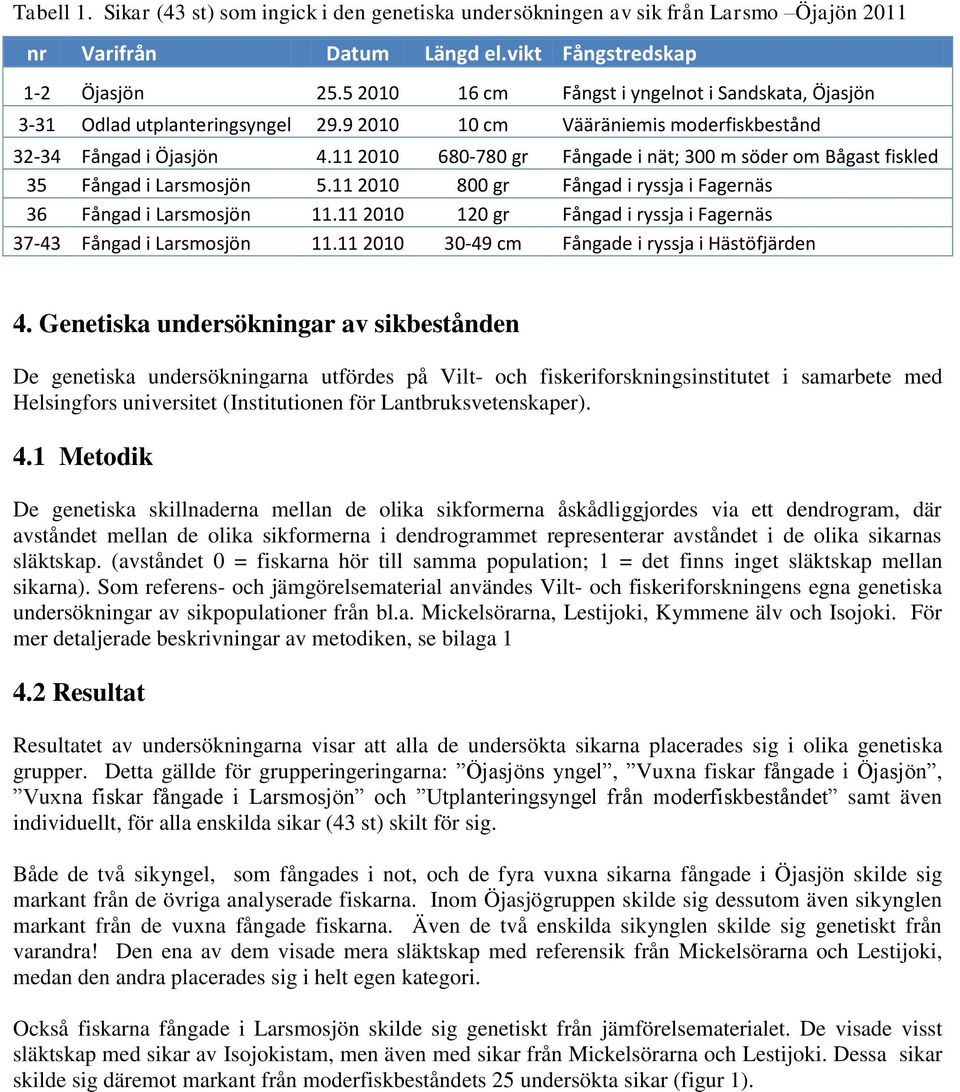 11 2010 680-780 gr Fångade i nät; 300 m söder om Bågast fiskled 35 Fångad i Larsmosjön 5.11 2010 800 gr Fångad i ryssja i Fagernäs 36 Fångad i Larsmosjön 11.