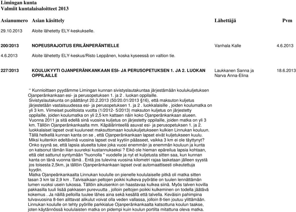 2013 OPPILAILLE Narva Anna-Elina Kunnioittaen pyydämme Limingan kunnan sivistyslautakuntaa järjestämään koulukuljetuksen Ojanperänkankaan esi- ja perusopetuksen 1. ja 2. luokan oppilaille.