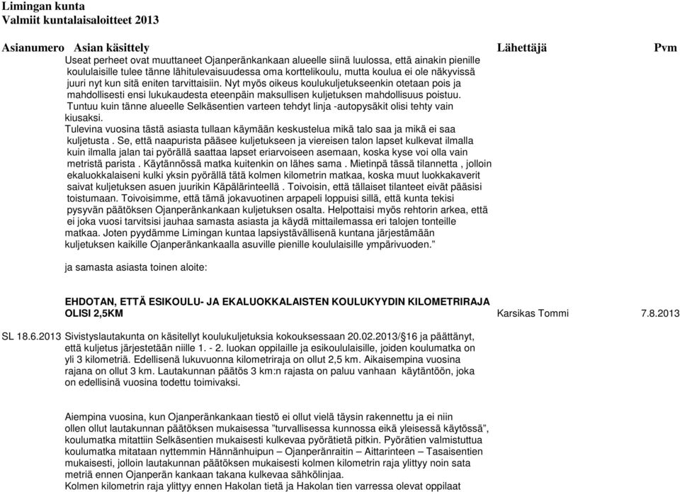 Tuntuu kuin tänne alueelle Selkäsentien varteen tehdyt linja -autopysäkit olisi tehty vain kiusaksi. Tulevina vuosina tästä asiasta tullaan käymään keskustelua mikä talo saa ja mikä ei saa kuljetusta.