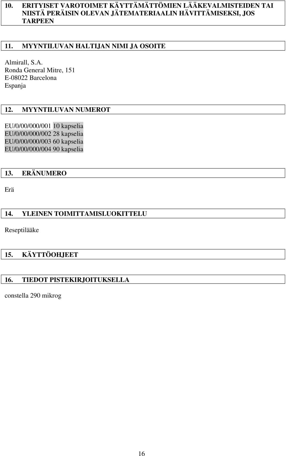 MYYNTILUVAN NUMEROT EU/0/00/000/001 10 kapselia EU/0/00/000/002 28 kapselia EU/0/00/000/003 60 kapselia