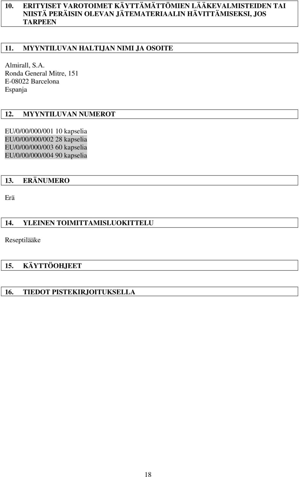 MYYNTILUVAN NUMEROT EU/0/00/000/001 10 kapselia EU/0/00/000/002 28 kapselia EU/0/00/000/003 60 kapselia