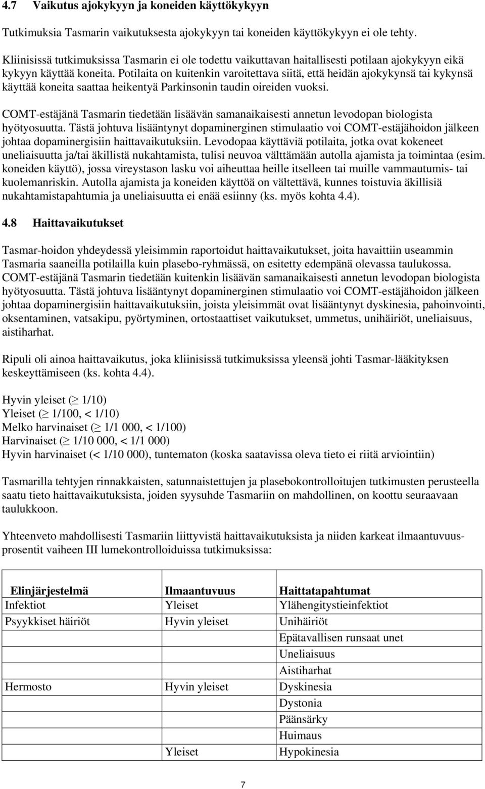 Potilaita on kuitenkin varoitettava siitä, että heidän ajokykynsä tai kykynsä käyttää koneita saattaa heikentyä Parkinsonin taudin oireiden vuoksi.