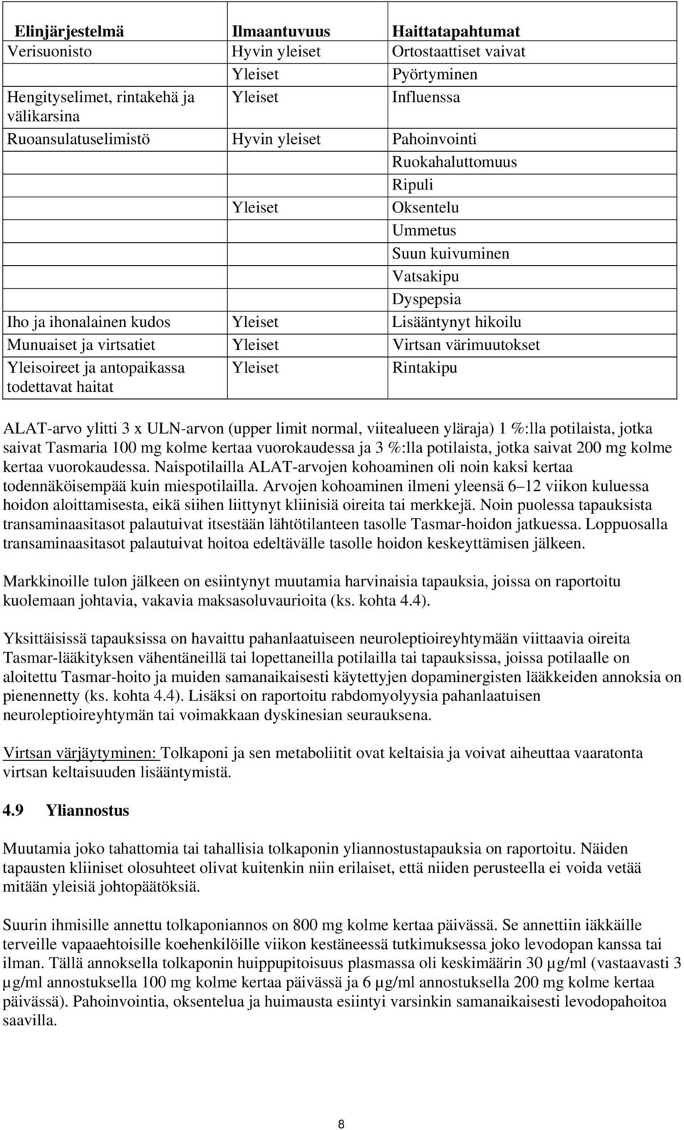 Virtsan värimuutokset Yleisoireet ja antopaikassa todettavat haitat Yleiset Rintakipu ALAT-arvo ylitti 3 x ULN-arvon (upper limit normal, viitealueen yläraja) 1 %:lla potilaista, jotka saivat