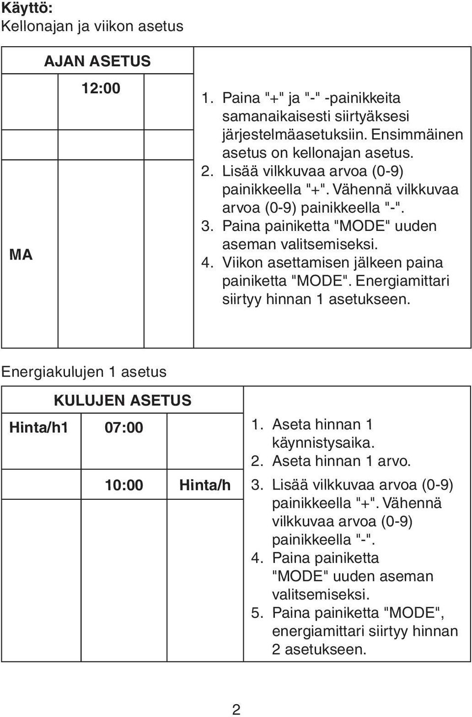 Viikon asettamisen jälkeen paina painiketta "MODE". Energiamittari siirtyy hinnan 1 asetukseen. Energiakulujen 1 asetus KULUJEN ASETUS Hinta/h1 07:00 10:00 Hinta/h 1. Aseta hinnan 1 käynnistysaika.