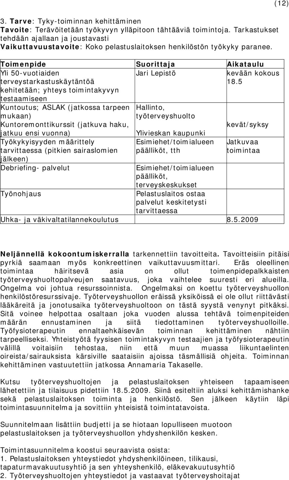 Toimenpide Suorittaja Aikataulu Yli 50-vuotiaiden terveystarkastuskäytäntöä kehitetään; yhteys toimintakyvyn testaamiseen Jari Lepistö Kuntoutus; ASLAK (jatkossa tarpeen mukaan) Kuntoremonttikurssit