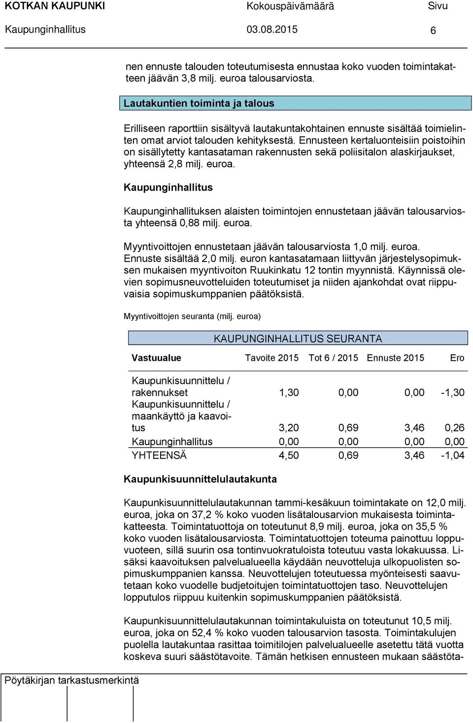 Ennusteen kertaluonteisiin poistoihin on sisällytetty kantasataman rakennusten sekä poliisitalon alaskirjaukset, yhteensä 2,8 milj. euroa.