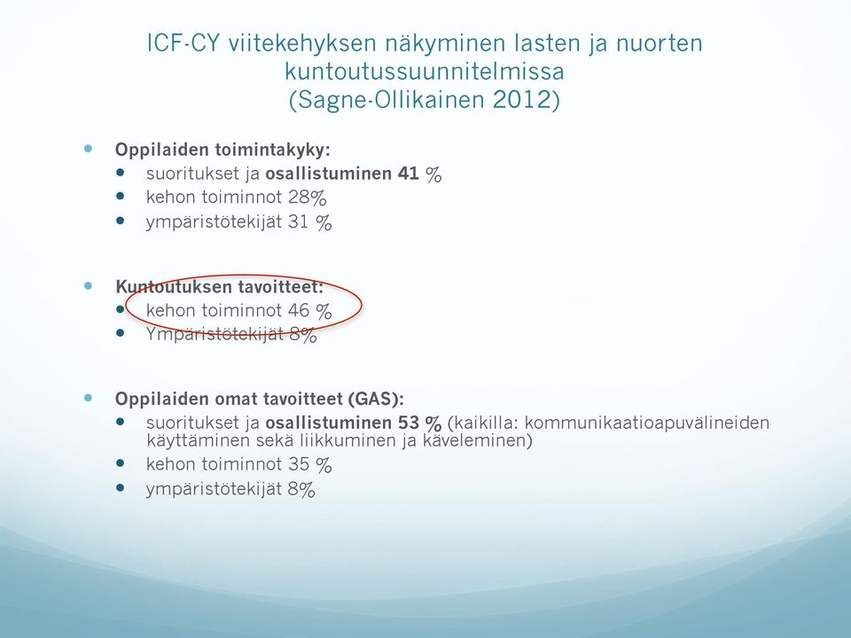 tavoitteet: kehon toiminnot 46 % Ympäristötekijät 8% Oppilaiden omat tavoitteet (GAS): suoritukset ja