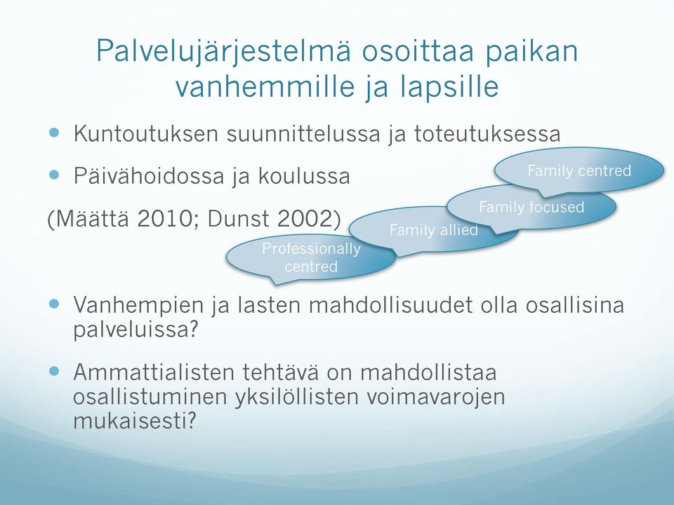 Family allied Family centred Family focused Vanhempien ja lasten mahdollisuudet olla