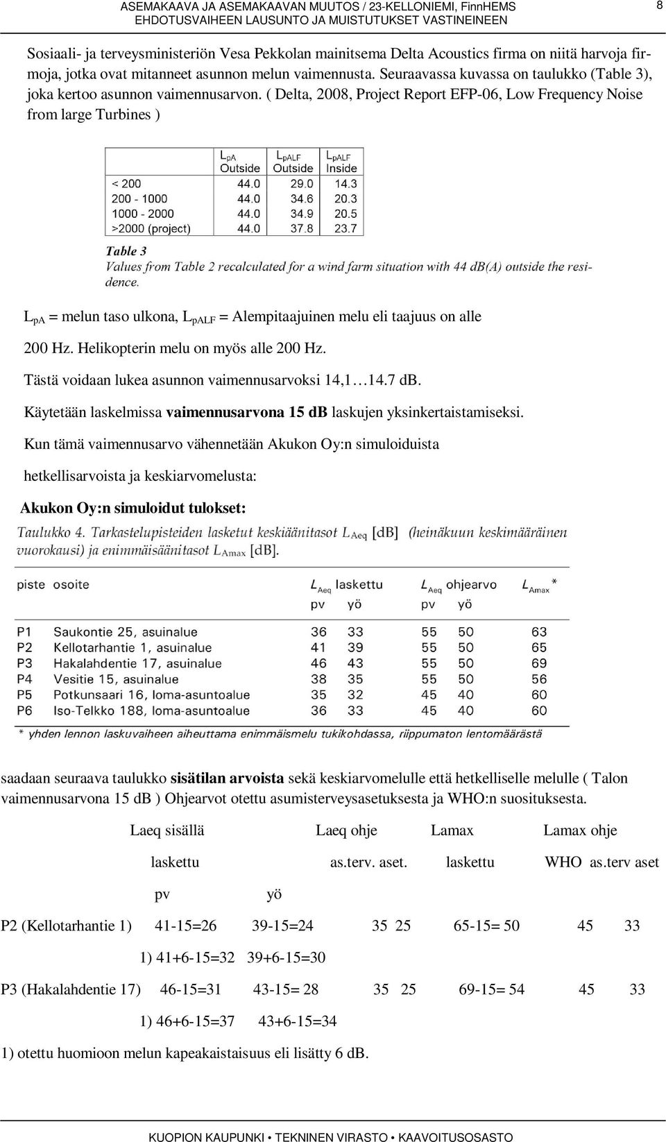 ( Delta, 2008, Project Report EFP-06, Low Frequency Noise from large Turbines ) L pa = melun taso ulkona, L palf = Alempitaajuinen melu eli taajuus on alle 200 Hz.