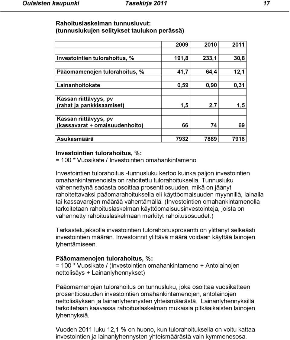 7932 7889 7916 Investointien tulorahoitus, %: = 100 * Vuosikate / Investointien omahankintameno Investointien tulorahoitus -tunnusluku kertoo kuinka paljon investointien omahankintamenoista on