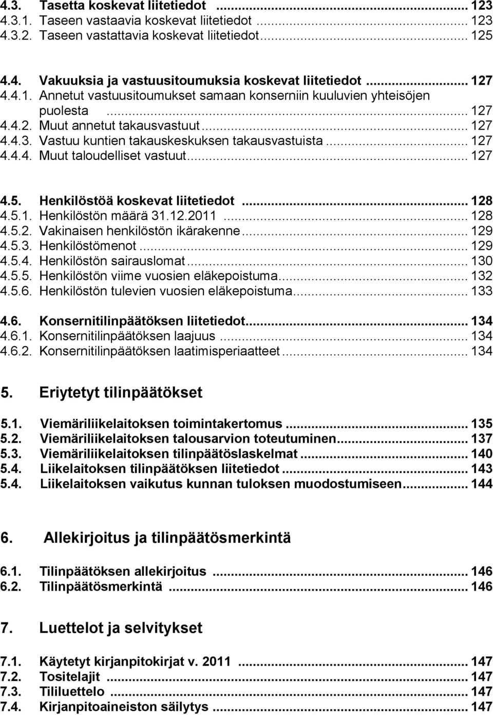 .. 127 4.5. Henkilöstöä koskevat liitetiedot... 128 4.5.1. Henkilöstön määrä 31.12.2011... 128 4.5.2. Vakinaisen henkilöstön ikärakenne... 129 4.5.3. Henkilöstömenot... 129 4.5.4. Henkilöstön sairauslomat.