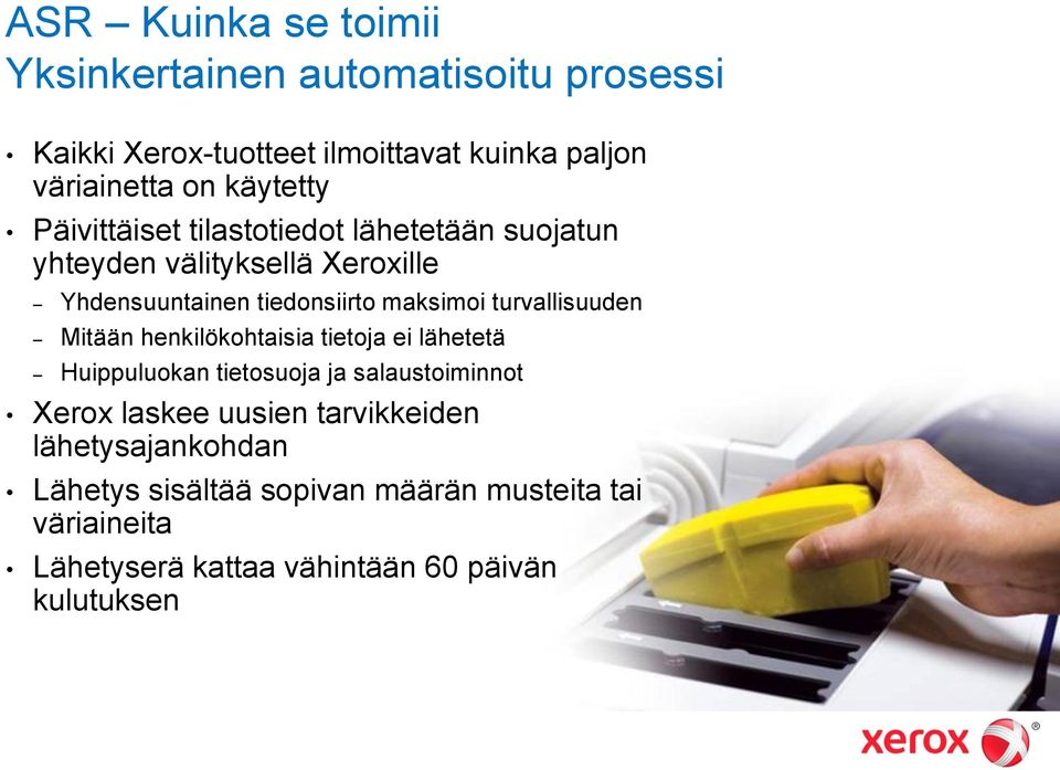 turvallisuuden Mitään henkilökohtaisia tietoja ei lähetetä Huippuluokan tietosuoja ja salaustoiminnot Xerox laskee uusien