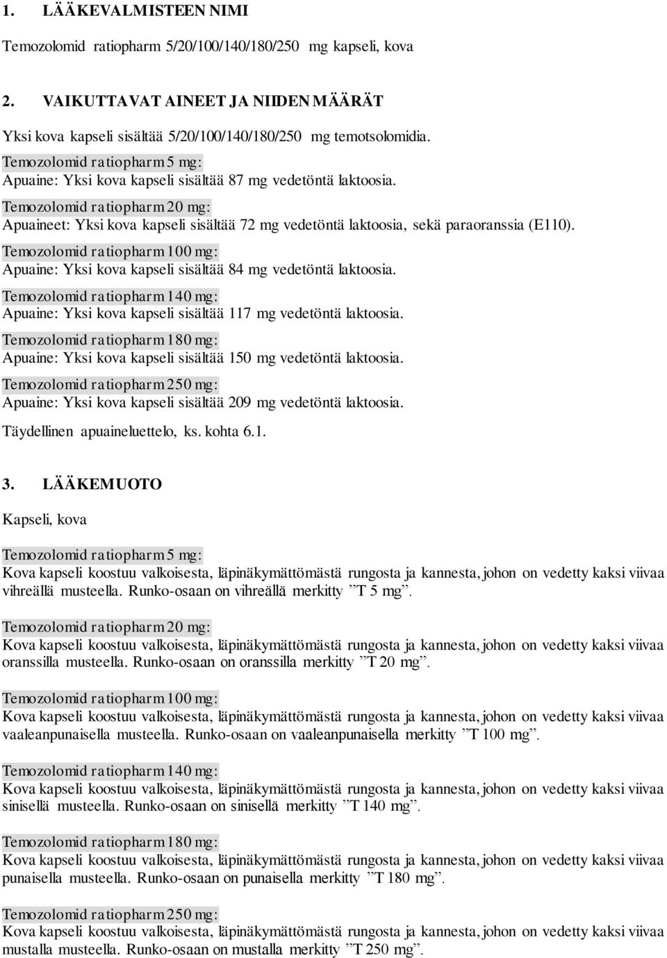 Temozolomid ratiopharm 20 mg: Apuaineet: Yksi kova kapseli sisältää 72 mg vedetöntä laktoosia, sekä paraoranssia (E110).