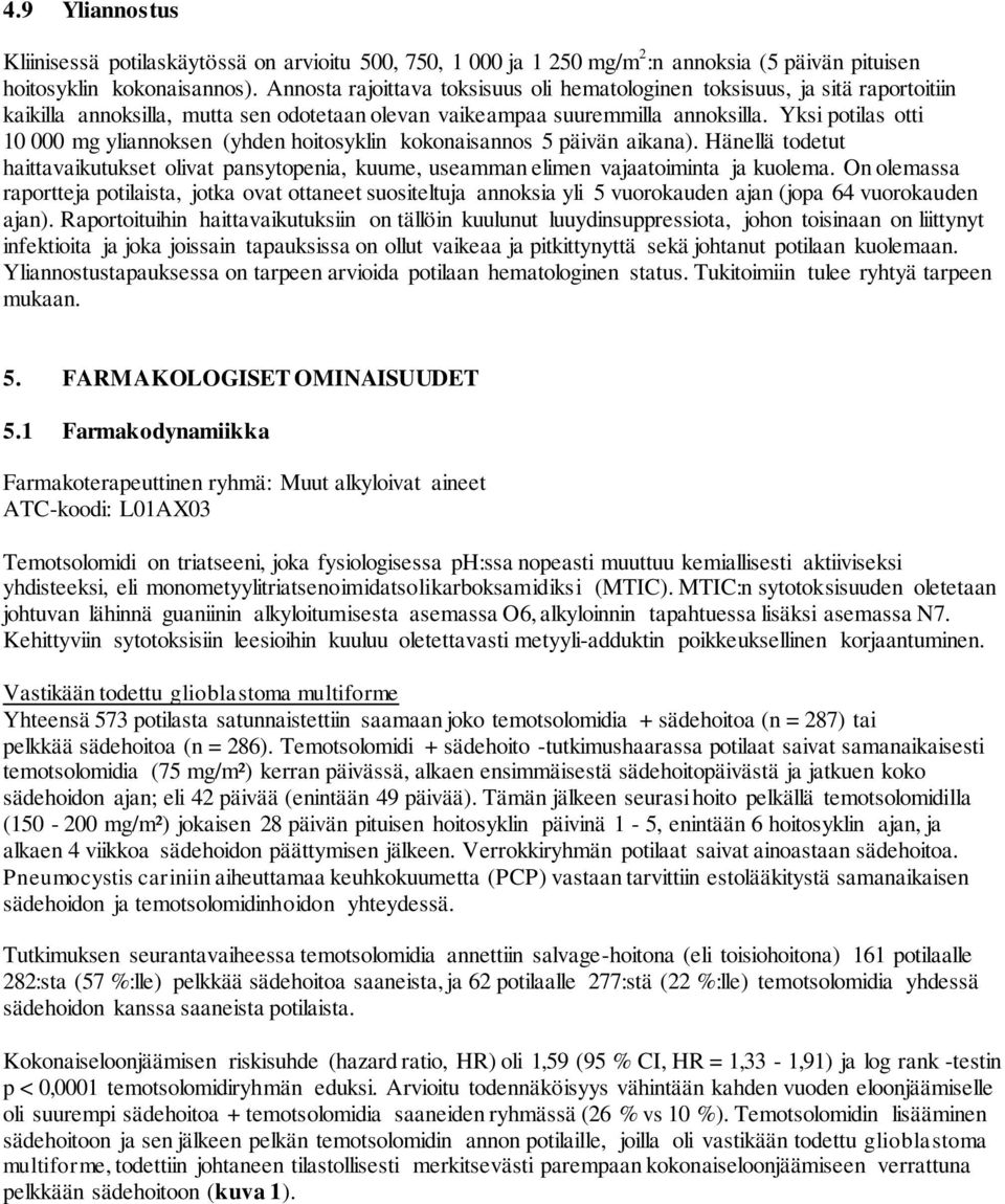 Yksi potilas otti 10 000 mg yliannoksen (yhden hoitosyklin kokonaisannos 5 päivän aikana). Hänellä todetut haittavaikutukset olivat pansytopenia, kuume, useamman elimen vajaatoiminta ja kuolema.