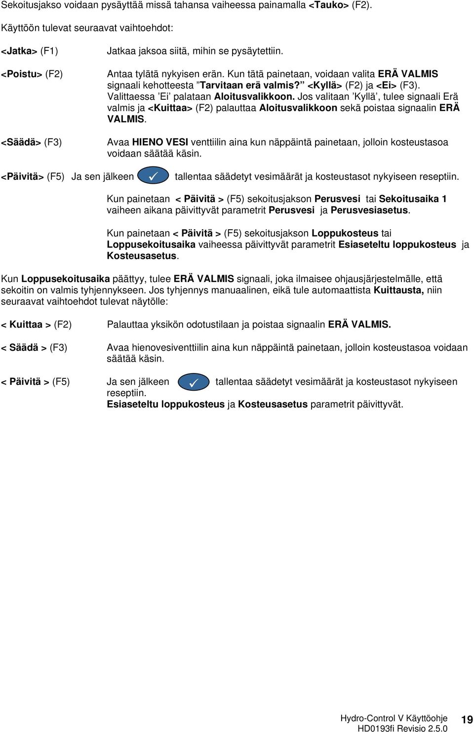 Kun tätä painetaan, voidaan valita ERÄ VALMIS signaali kehotteesta Tarvitaan erä valmis? <Kyllä> (F2) ja <Ei> (F3). Valittaessa Ei palataan Aloitusvalikkoon.