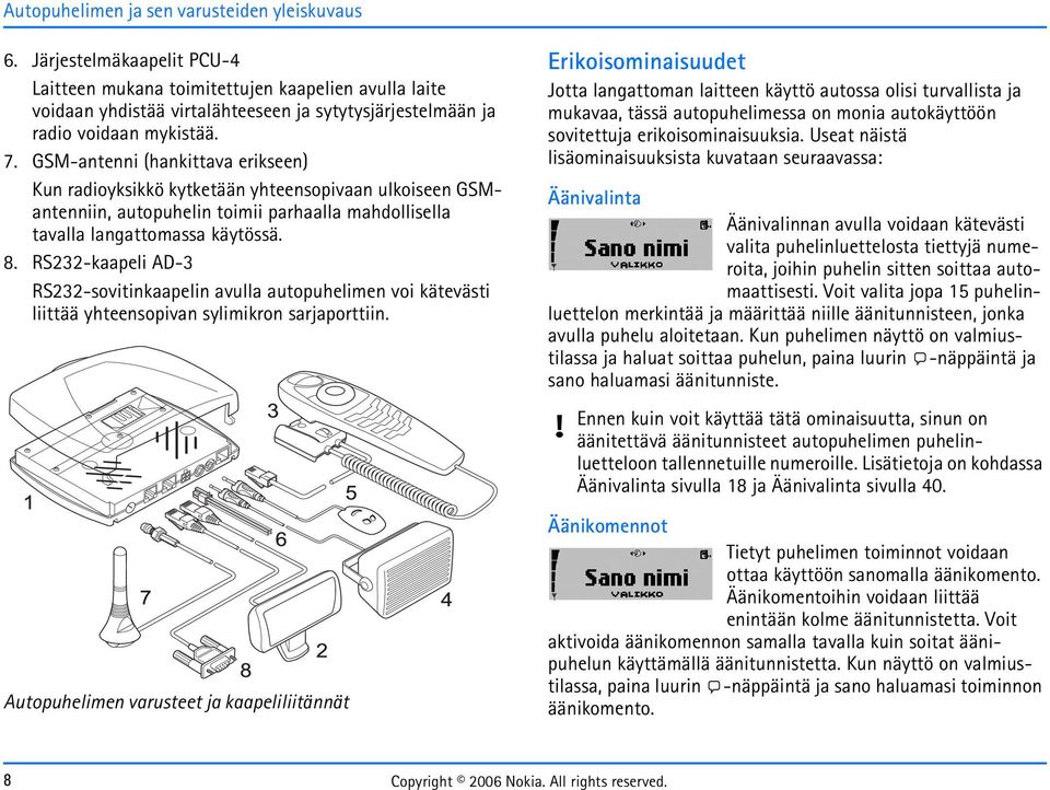 GSM-antenni (hankittava erikseen) Kun radioyksikkö kytketään yhteensopivaan ulkoiseen GSMantenniin, autopuhelin toimii parhaalla mahdollisella tavalla langattomassa käytössä. 8.