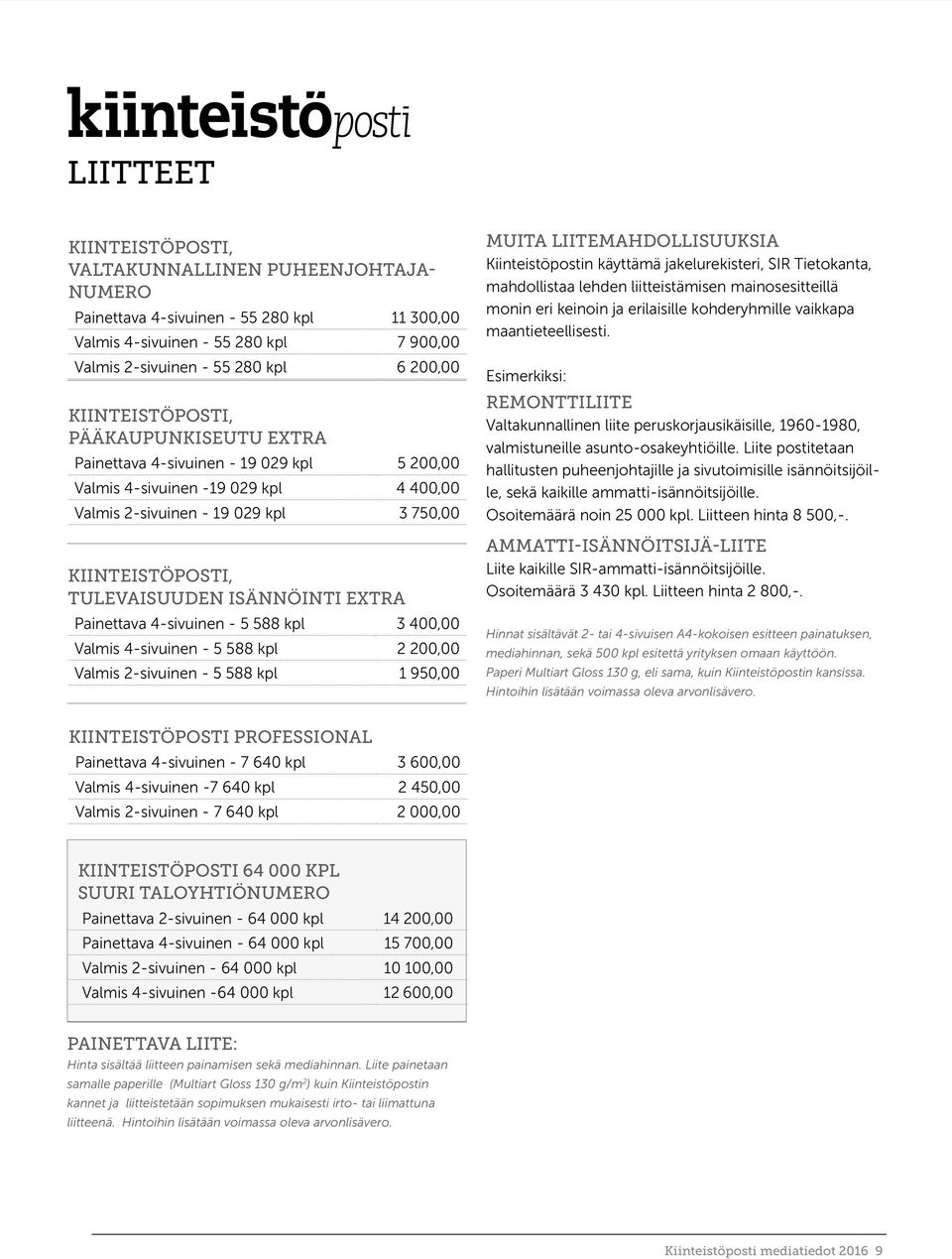 ISÄNNÖINTI EXTRA Painettava 4-sivuinen - 5 588 kpl 3 400,00 Valmis 4-sivuinen - 5 588 kpl 2 200,00 Valmis 2-sivuinen - 5 588 kpl 1 950,00 MUITA LIITEMAHDOLLISUUKSIA Kiinteistöpostin käyttämä