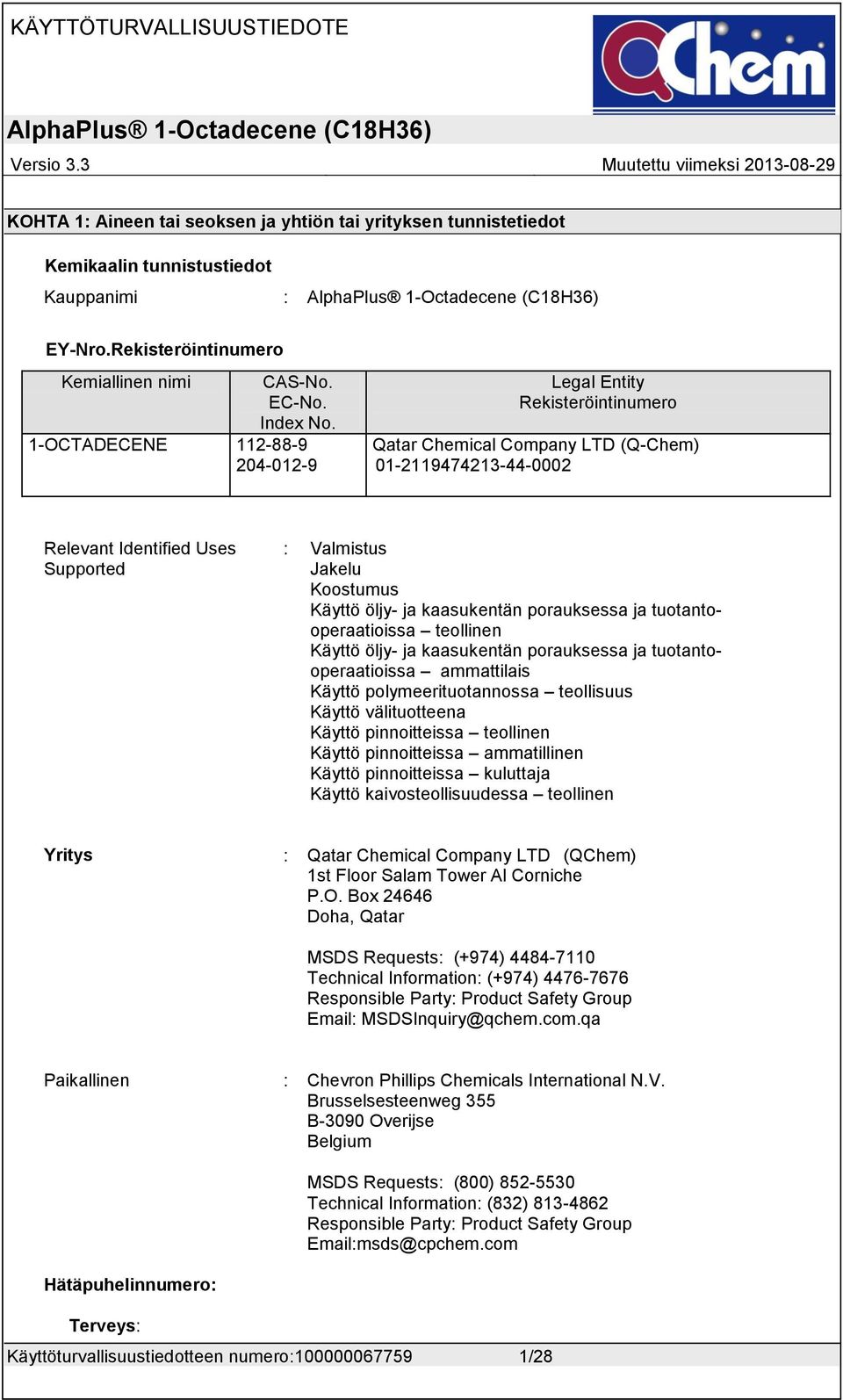 112-88-9 204-012-9 Legal Entity Rekisteröintinumero Qatar Chemical Company LTD (Q-Chem) 01-2119474213-44-0002 Relevant Identified Uses Supported : Valmistus Jakelu Koostumus Käyttö öljy- ja