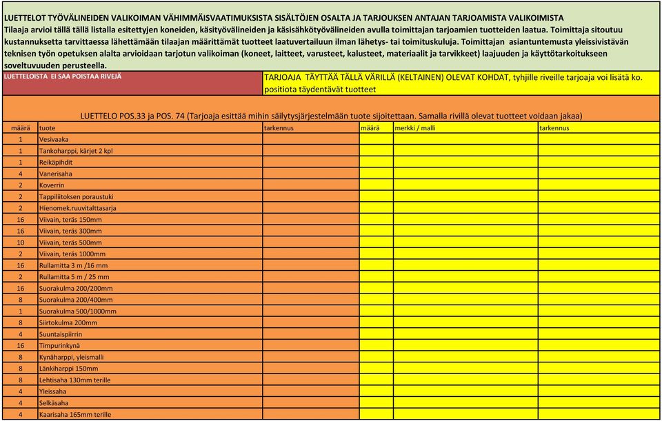 Toimittaja sitoutuu kustannuksetta tarvittaessa lähettämään tilaajan määrittämät tuotteet laatuvertailuun ilman lähetys- tai toimituskuluja.