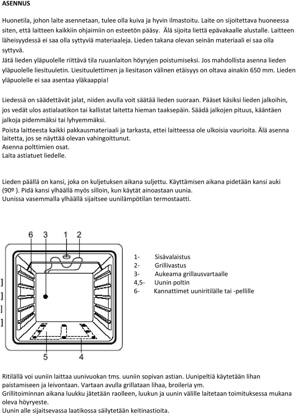 Jätä lieden yläpuolelle riittävä tila ruuanlaiton höyryjen poistumiseksi. Jos mahdollista asenna lieden yläpuolelle liesituuletin.