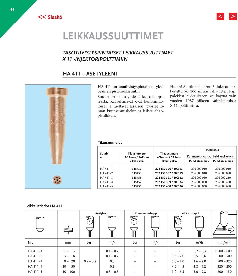 Suutinkokoa nro 5, joka on tarkoitettu 50 100 mm:n vahvuisten kappaleiden leikkaukseen, voi käyttää vain vuoden 1987 jälkeen valmistetuissa X 11 -polttimissa.