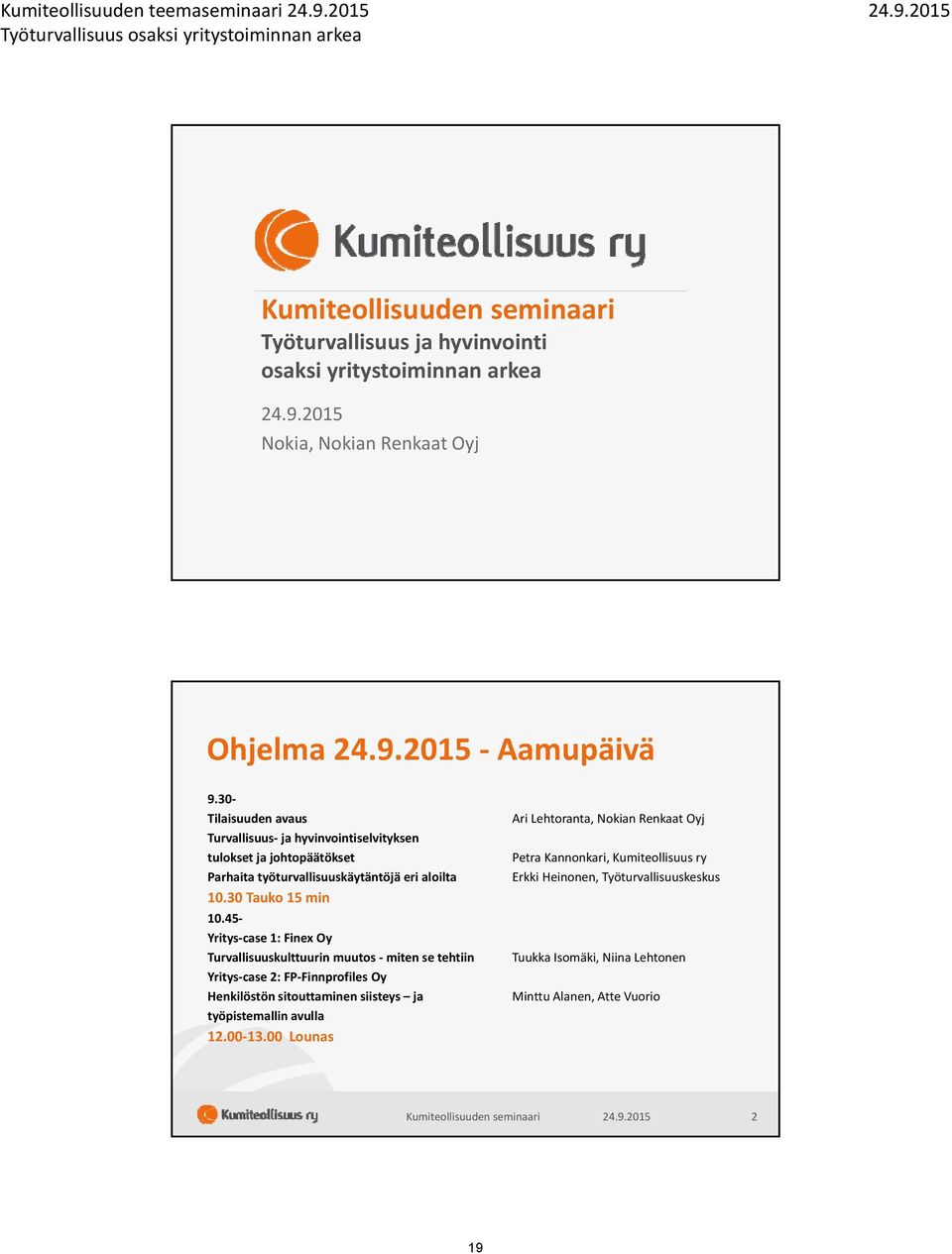 45 Yritys case 1: Finex Oy Turvallisuuskulttuurin muutos miten se tehtiin Yritys case 2: FP Finnprofiles Oy Henkilöstön sitouttaminen siisteys ja työpistemallin avulla 12.00 13.