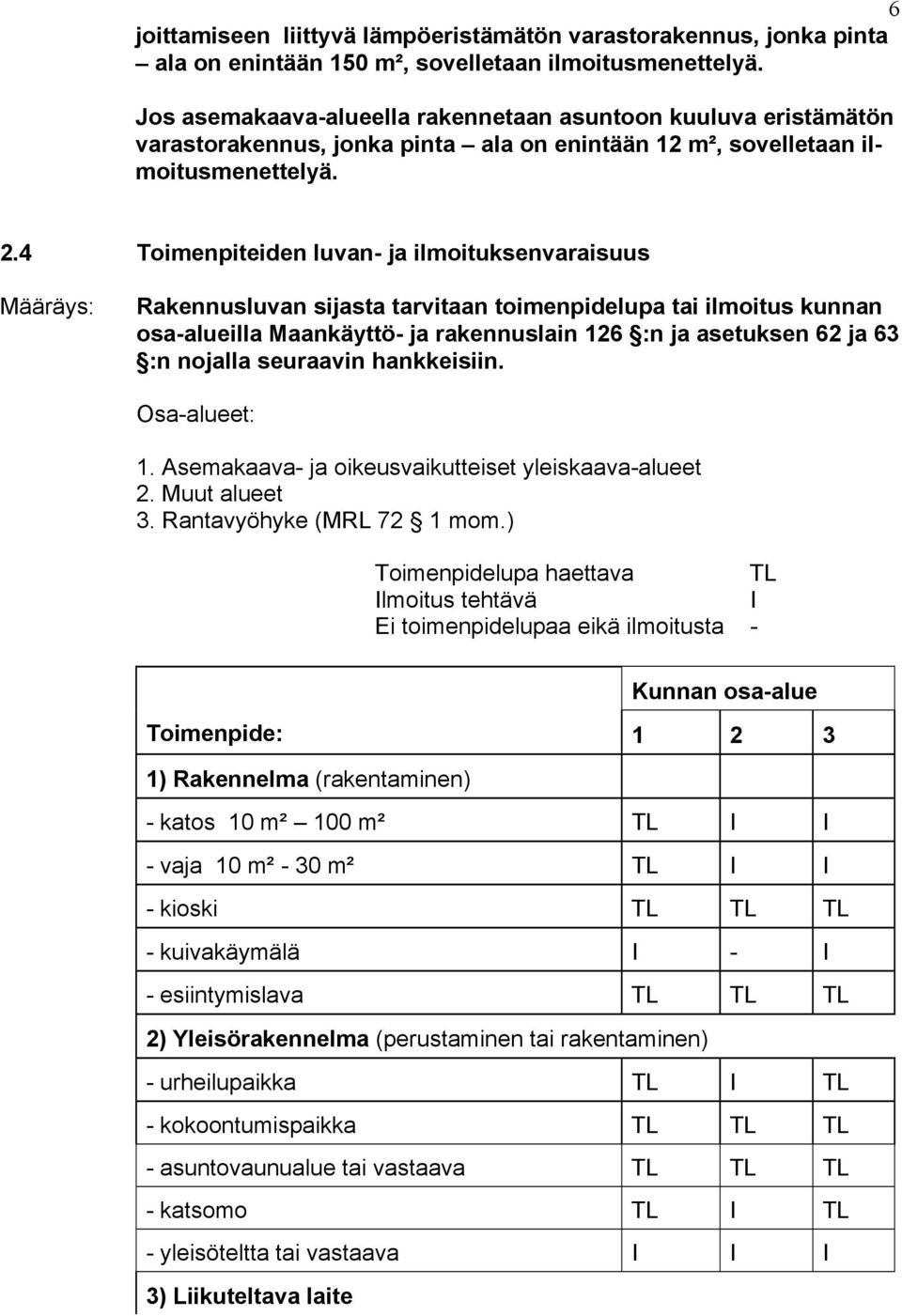 4 Toimenpiteiden luvan- ja ilmoituksenvaraisuus Rakennusluvan sijasta tarvitaan toimenpidelupa tai ilmoitus kunnan osa-alueilla Maankäyttö- ja rakennuslain 126 :n ja asetuksen 62 ja 63 :n nojalla