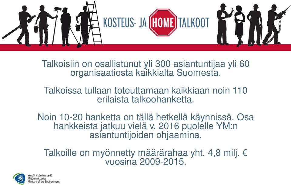 Noin 10-20 hanketta on tällä hetkellä käynnissä. Osa hankkeista jatkuu vielä v.