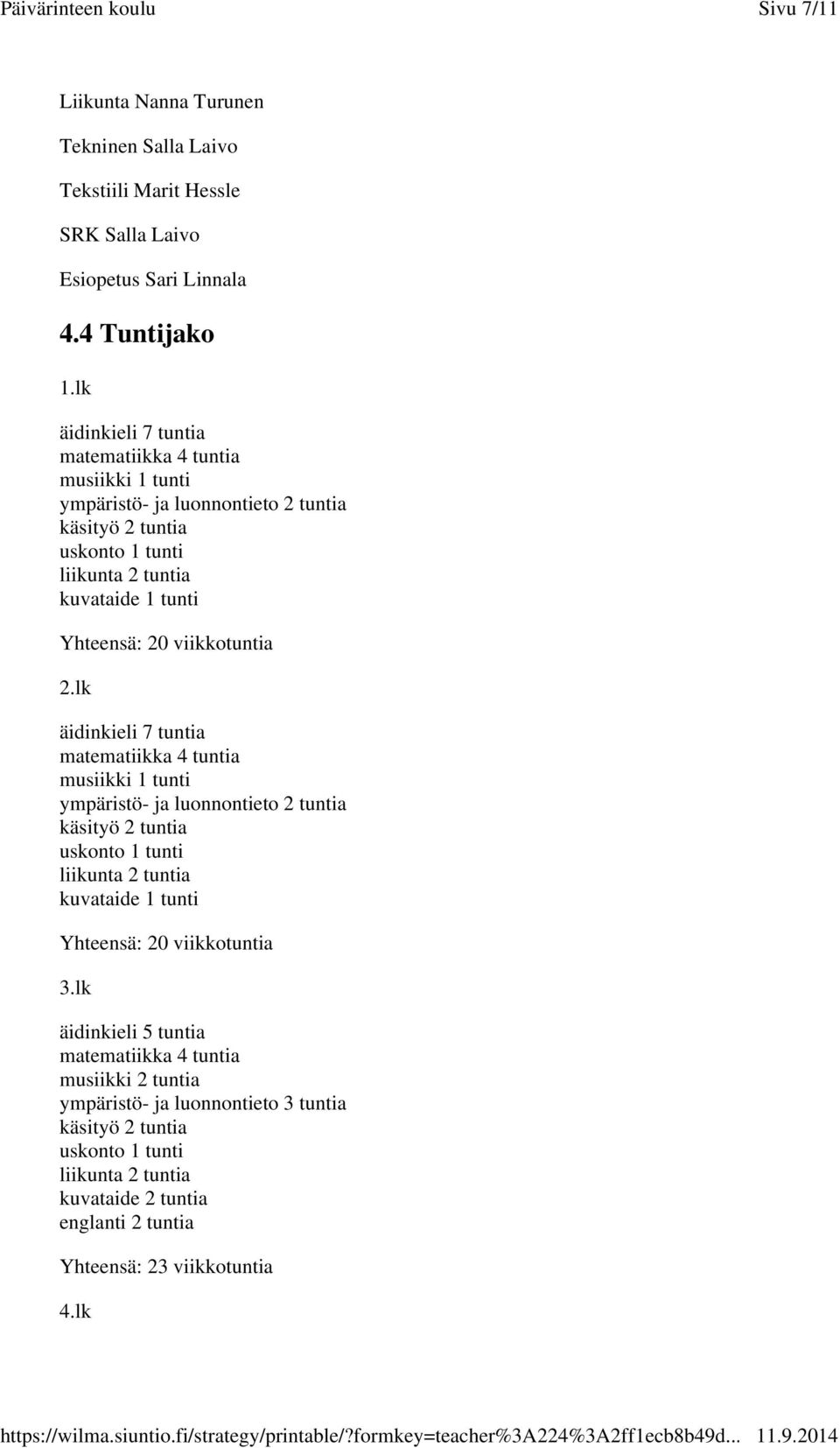 lk äidinkieli 7 tuntia musiikki 1 tunti ympäristö- ja luonnontieto 2 tuntia käsityö 2 tuntia uskonto 1 tunti kuvataide 1 tunti Yhteensä: 20 viikkotuntia 3.