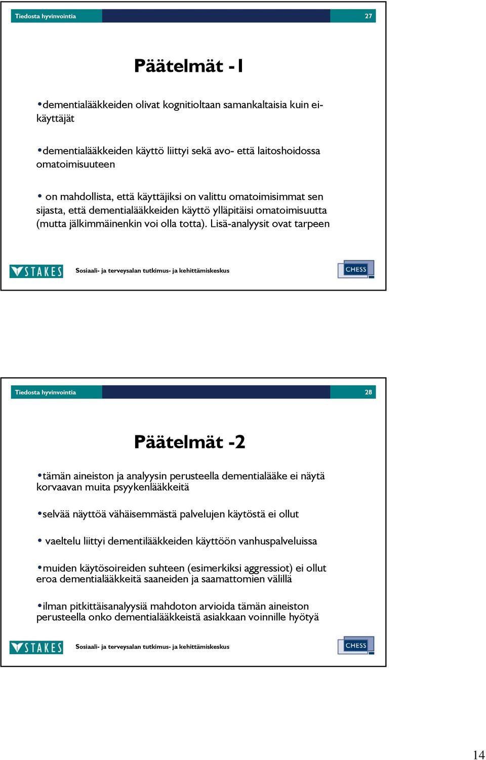 Lisä-analyysit ovat tarpeen Tiedosta hyvinvointia 28 Päätelmät -2 tämän aineiston ja analyysin perusteella dementialääke ei näytä korvaavan muita psyykenlääkkeitä selvää näyttöä vähäisemmästä