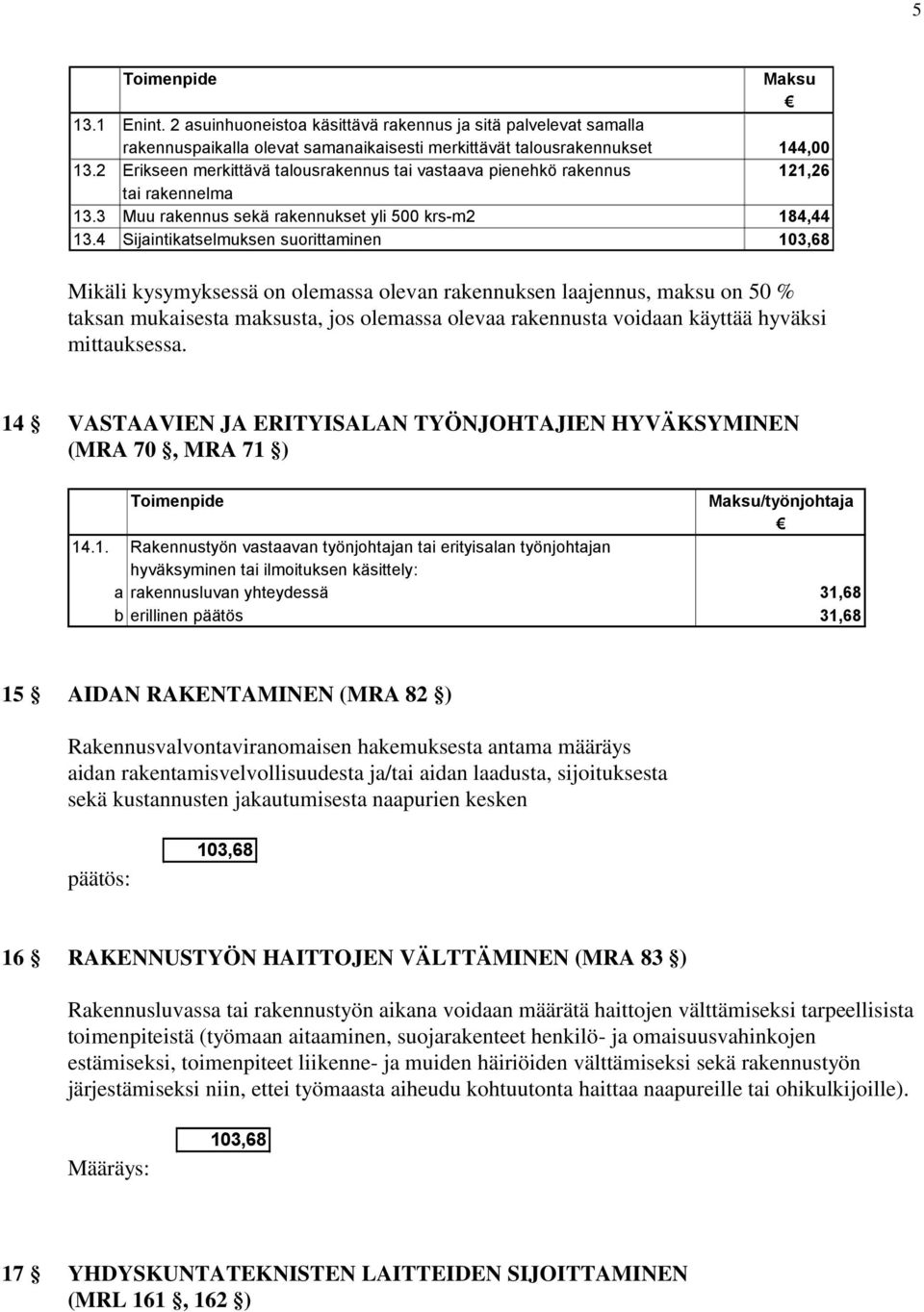 4 Sijaintikatselmuksen suorittaminen 103,68 Mikäli kysymyksessä on olemassa olevan rakennuksen laajennus, maksu on 50 % taksan mukaisesta maksusta, jos olemassa olevaa rakennusta voidaan käyttää