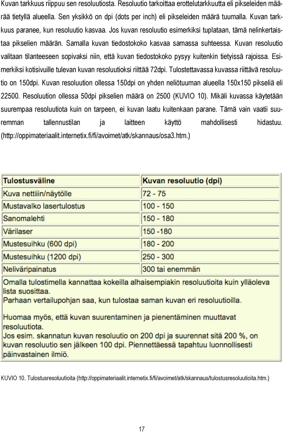 Kuvan resoluutio valitaan tilanteeseen sopivaksi niin, että kuvan tiedostokoko pysyy kuitenkin tietyissä rajoissa. Esimerkiksi kotisivuille tulevan kuvan resoluutioksi riittää 72dpi.