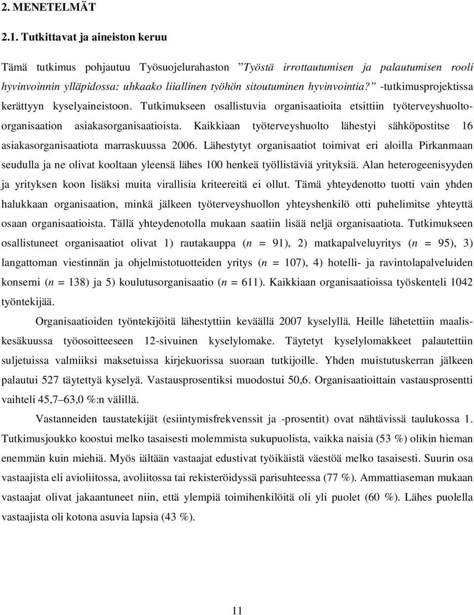 -tutkimusprojektissa kerättyyn kyselyaineistoon. Tutkimukseen osallistuvia organisaatioita etsittiin työterveyshuoltoorganisaation asiakasorganisaatioista.