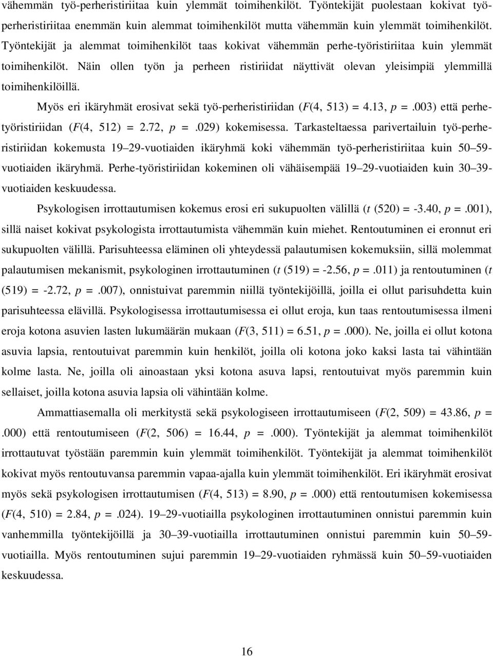 Näin ollen työn ja perheen ristiriidat näyttivät olevan yleisimpiä ylemmillä toimihenkilöillä. Myös eri ikäryhmät erosivat sekä työ-perheristiriidan (F(4, 513) = 4.13, p =.