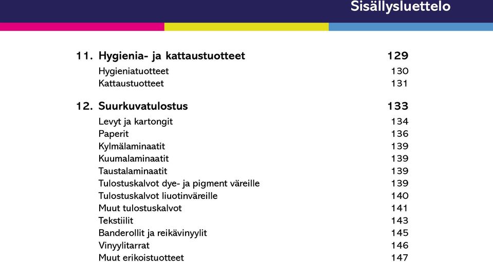 Taustalaminaatit 139 Tulostuskalvot dye- ja pigment väreille 139 Tulostuskalvot liuotinväreille 140