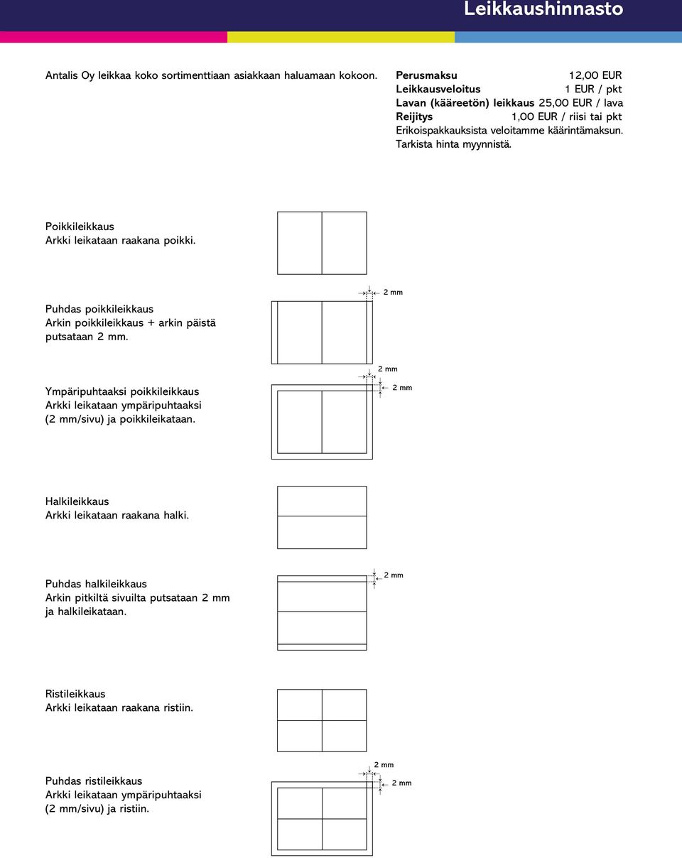 Tarkista hinta myynnistä. Poikkileikkaus Arkki leikataan raakana poikki. Puhdas poikkileikkaus Arkin poikkileikkaus + arkin päistä putsataan 2 mm.