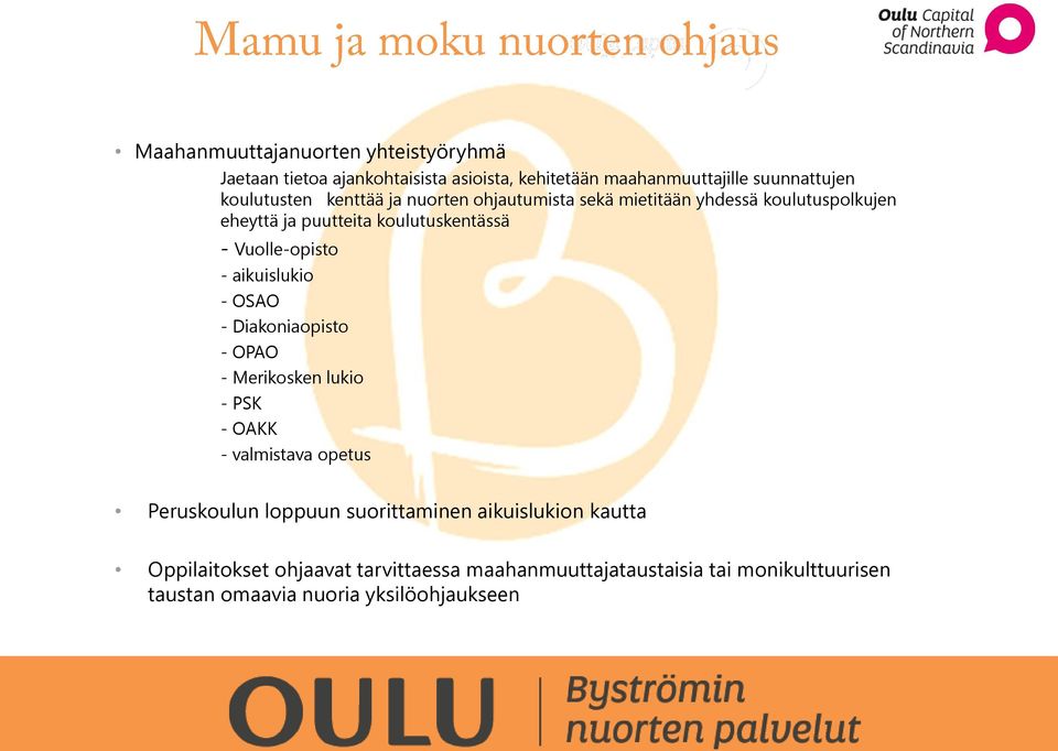 aikuislukio - OSAO - Diakoniaopisto - OPAO - Merikosken lukio - PSK - OAKK - valmistava opetus Peruskoulun loppuun suorittaminen