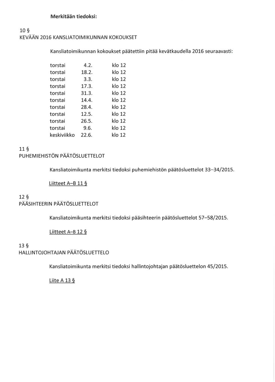 6 11 PUHEMIEHISTÖN PÄÄTÖSLUETTELOT Kansliatoimikunta merkitsi tiedoksı puhemıehıston paatosluettelot 33-34/2015 Liitteet A-B 11 12 PÄÄSIHTEERIN