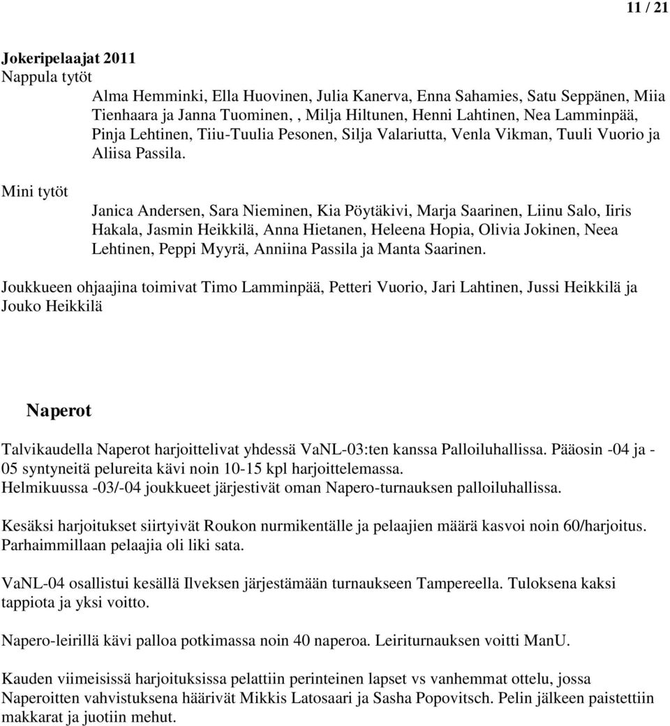 Mini tytöt Janica Andersen, Sara Nieminen, Kia Pöytäkivi, Marja Saarinen, Liinu Salo, Iiris Hakala, Jasmin Heikkilä, Anna Hietanen, Heleena Hopia, Olivia Jokinen, Neea Lehtinen, Peppi Myyrä, Anniina