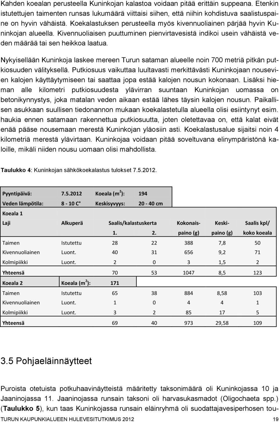 Koekalastuksen perusteella myös kivennuoliainen pärjää hyvin Kuninkojan alueella. Kivennuoliaisen puuttuminen pienvirtavesistä indikoi usein vähäistä veden määrää tai sen heikkoa laatua.