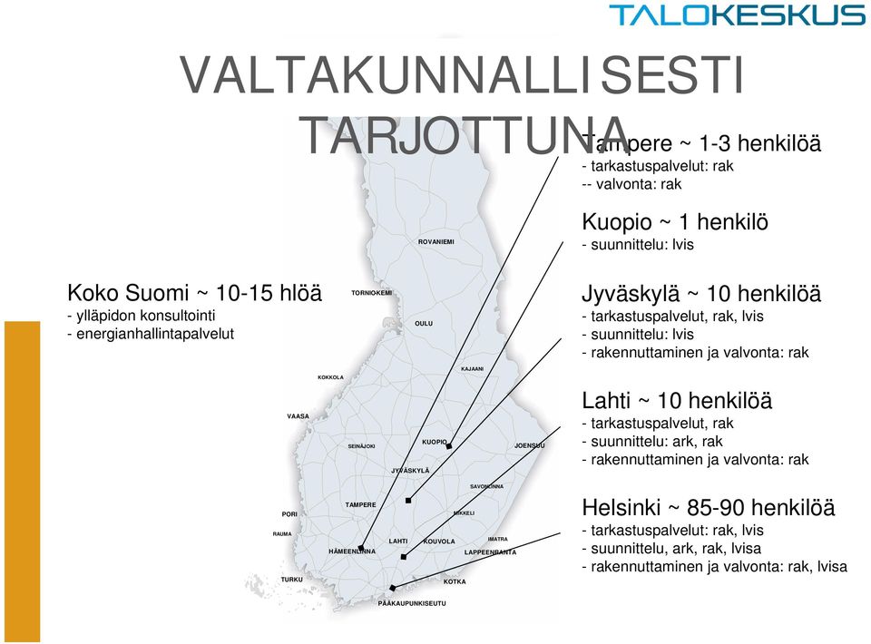 KOKKOLA SEINÄJOKI JYVÄSKYLÄ KUOPIO JOENSUU Lahti ~ 10 henkilöä - tarkastuspalvelut, rak - suunnittelu: ark, rak - rakennuttaminen ja valvonta: rak PORI RAUMA TURKU TAMPERE HÄMEENLINNA