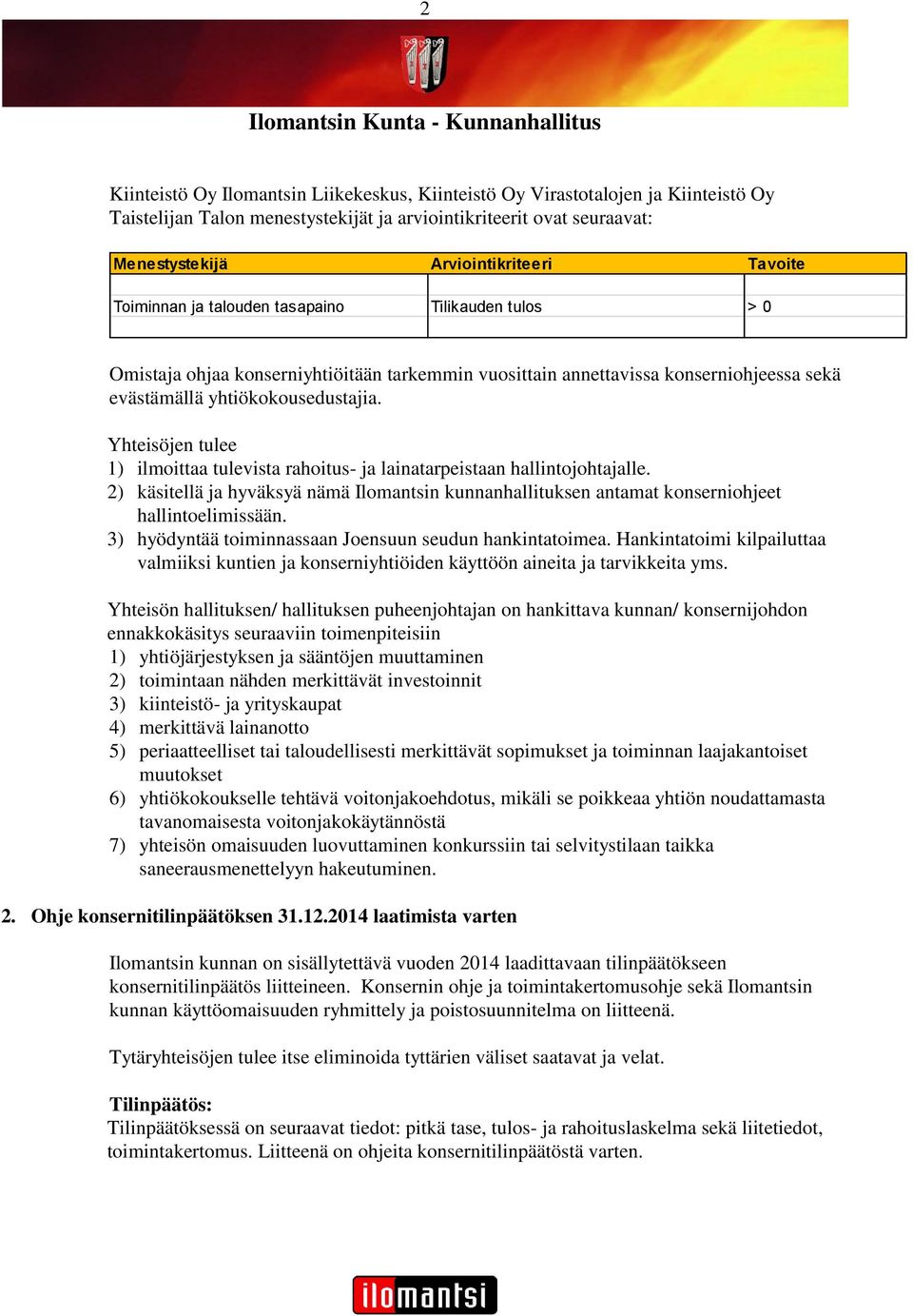 Yhteisöjen tulee 1) ilmoittaa tulevista rahoitus- ja lainatarpeistaan hallintojohtajalle. 2) käsitellä ja hyväksyä nämä Ilomantsin kunnanhallituksen antamat konserniohjeet hallintoelimissään.