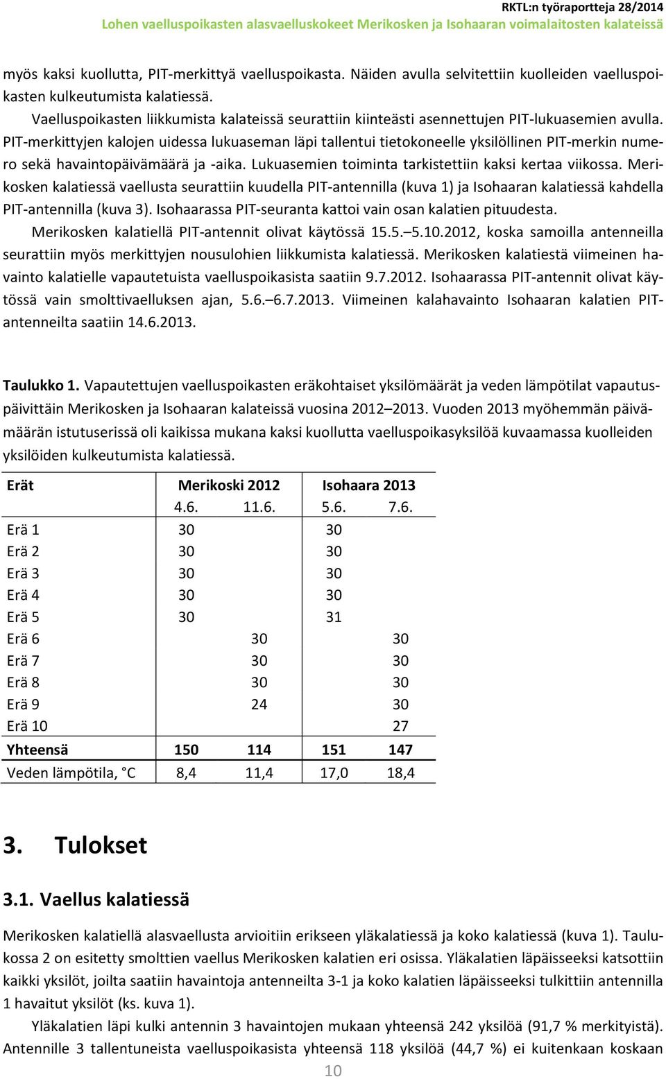 PIT-merkittyjen kalojen uidessa lukuaseman läpi tallentui tietokoneelle yksilöllinen PIT-merkin numero sekä havaintopäivämäärä ja -aika. Lukuasemien toiminta tarkistettiin kaksi kertaa viikossa.