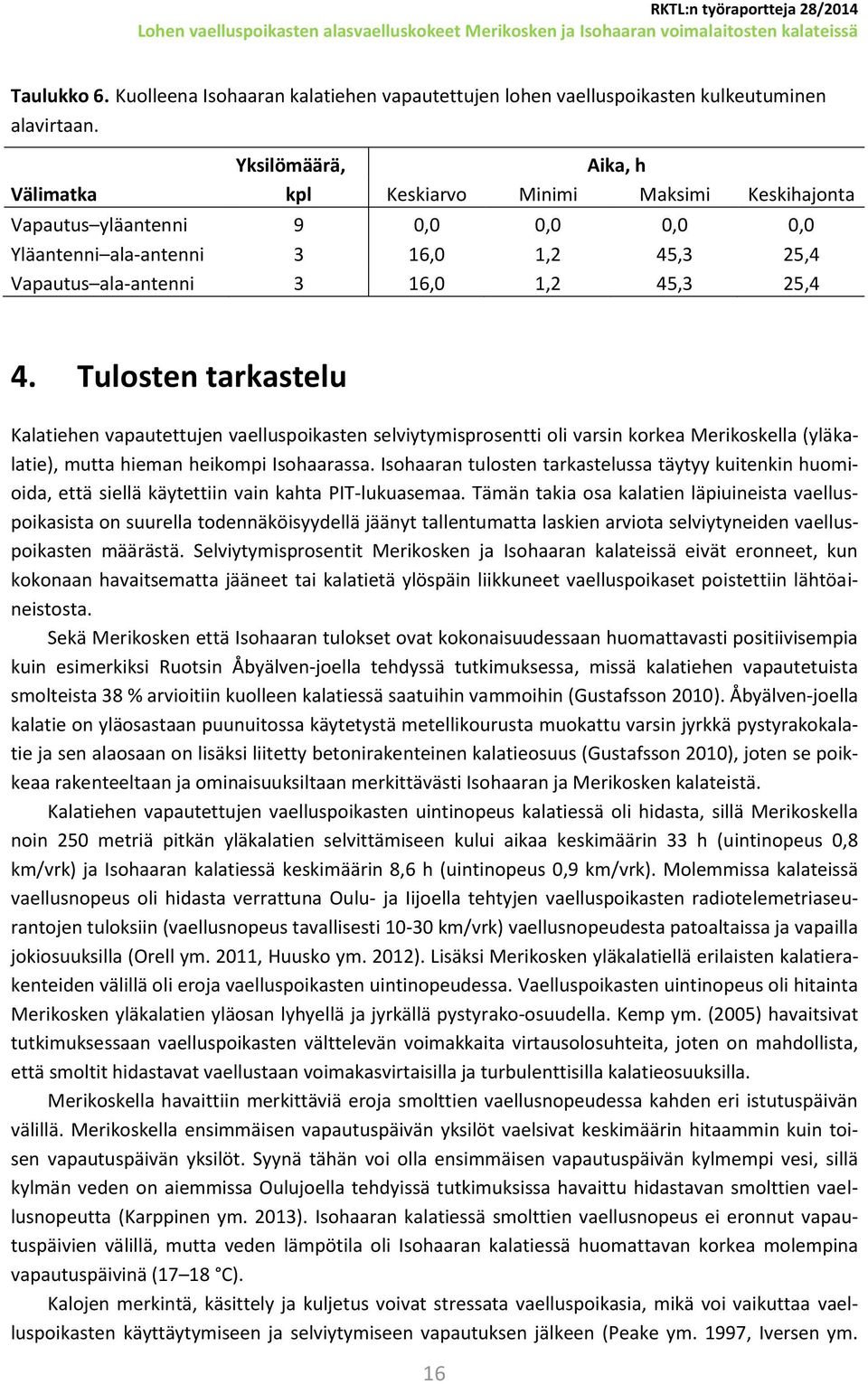 Tulosten tarkastelu Kalatiehen vapautettujen vaelluspoikasten selviytymisprosentti oli varsin korkea Merikoskella (yläkalatie), mutta hieman heikompi Isohaarassa.